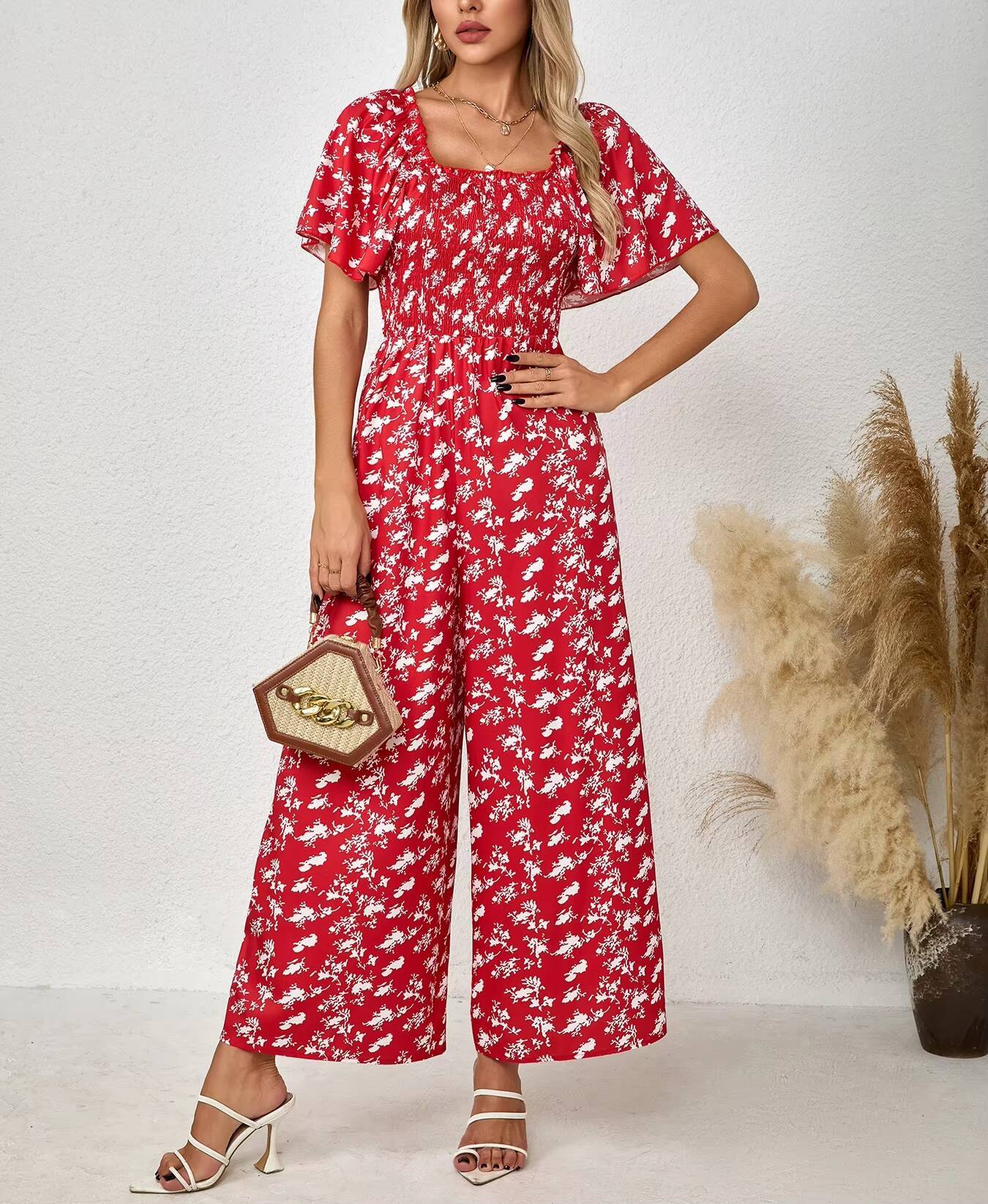 Women's Red Jumpsuit Floral Pr - Romper Floral Print 评论和价格