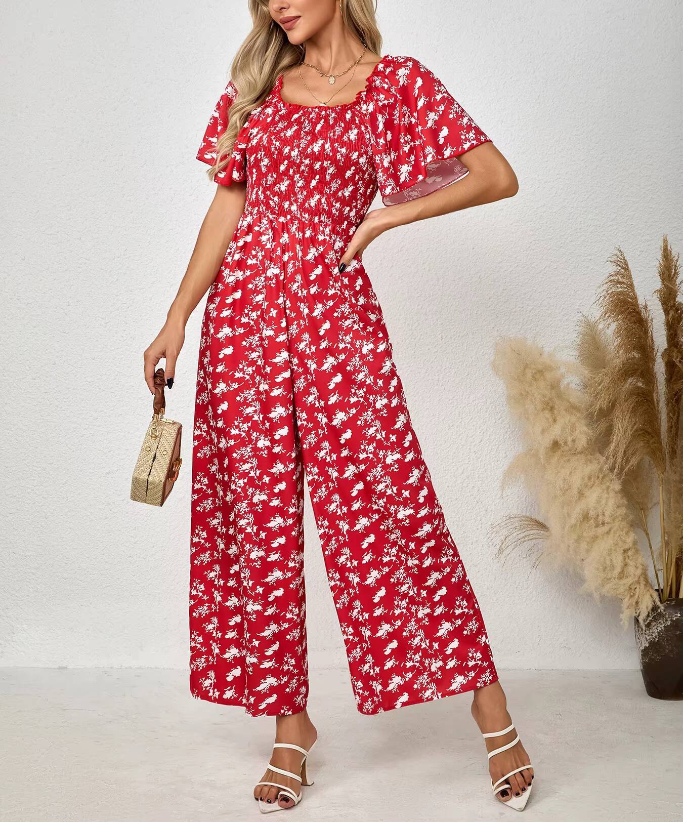 Women's Red Jumpsuit Floral Pr - Romper Floral Print 评论和价格