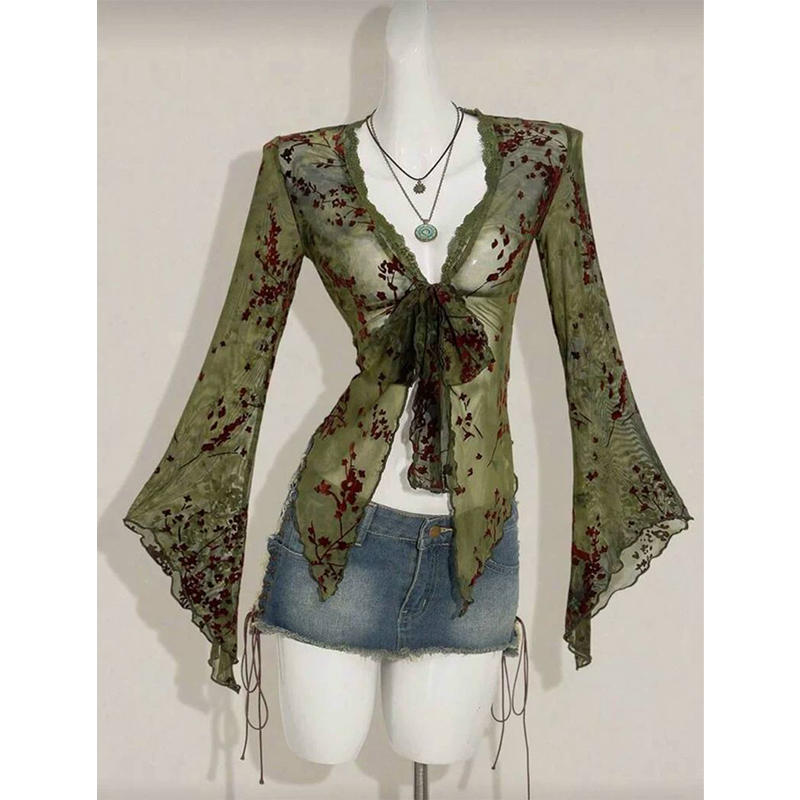 MEXZT Vintage Floral Mesh Shir - Romper Floral Print 评论和价格