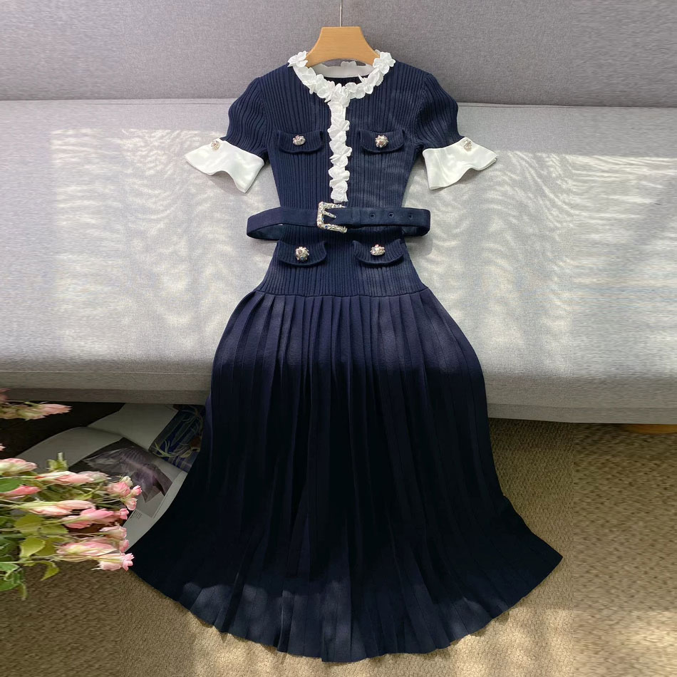 Women Navy Knitted Midi Dress  - Midi Skirt Floral 评论和价格