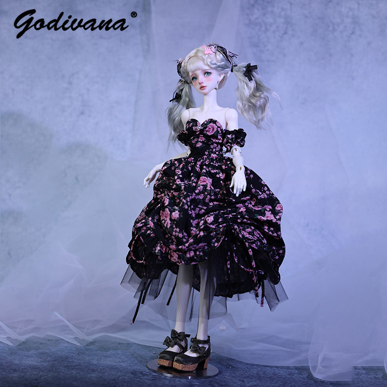 1/4 BJD Doll Dress Black‑Base  - Midi Skirt Floral 评论和价格